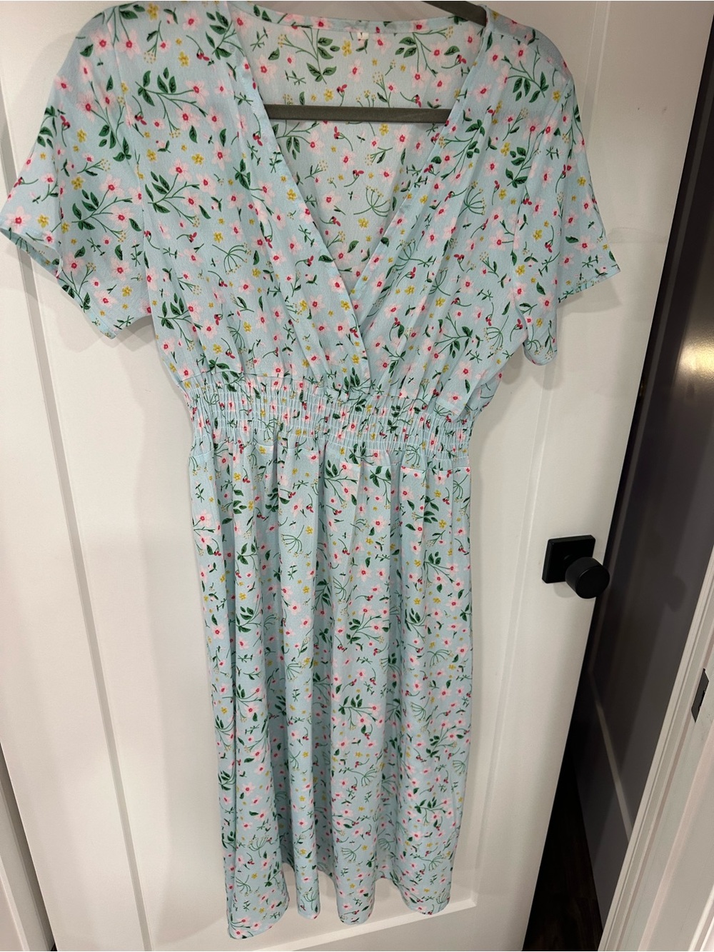 Light Blue Floral Midi Dress with Smocked Waist and V-Neck